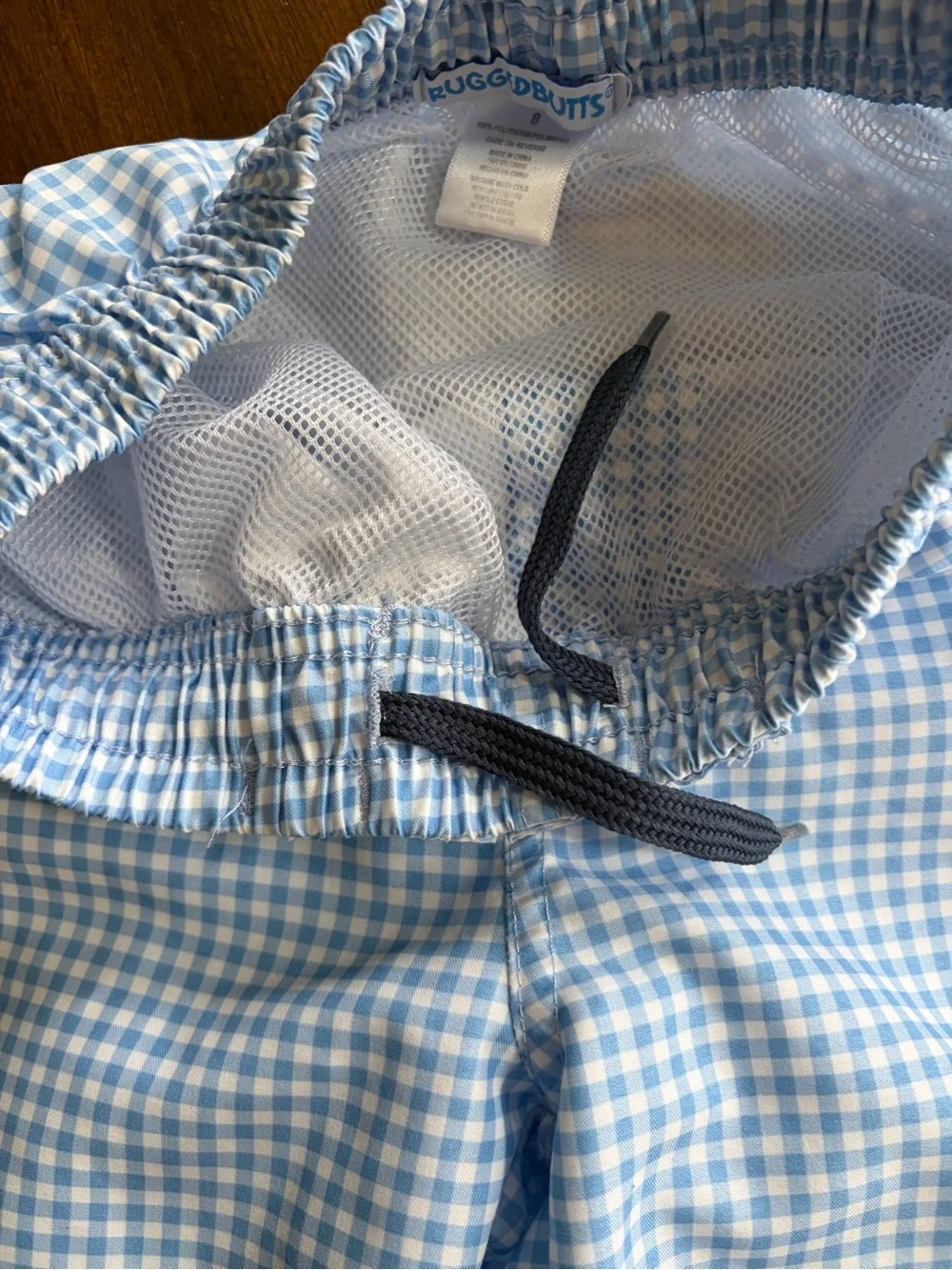 Kids Long-Sleeve Navy Rashguard with Light Blue Gingham Swim Shorts